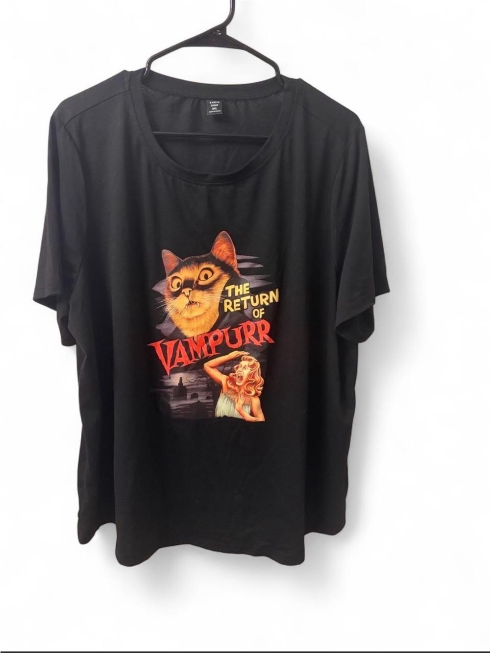 SHEIN Black Graphic 'The Return of Vampurr' Cat Tee with Red & Yellow Print